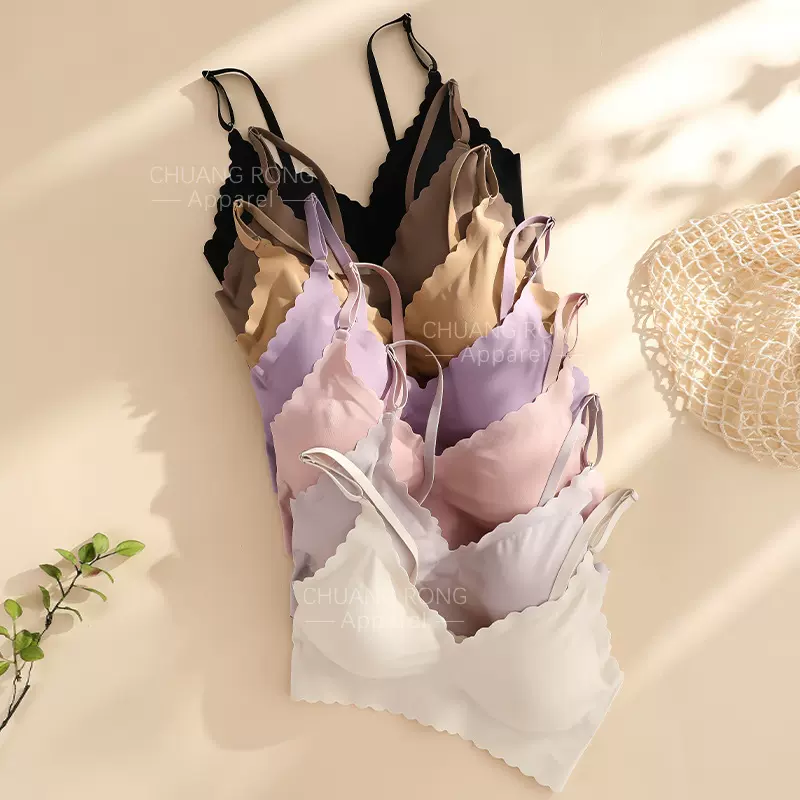 跨境无痕运动文胸内衣女胸罩荷花边舒适透气健身背心无钢圈文胸女