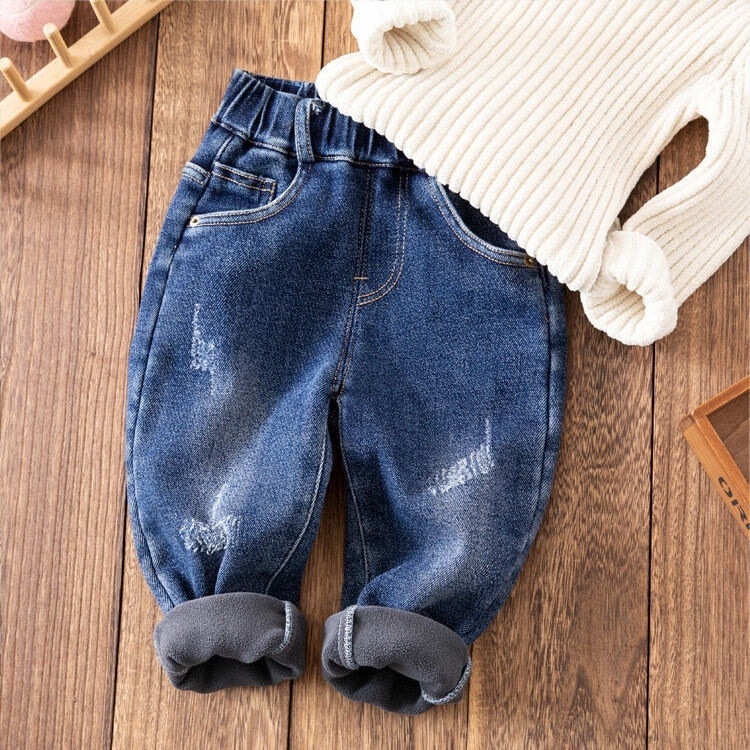新款男女童加绒牛仔裤百搭中小童宝宝冬季加厚保暖儿童柔软长裤子|undefined