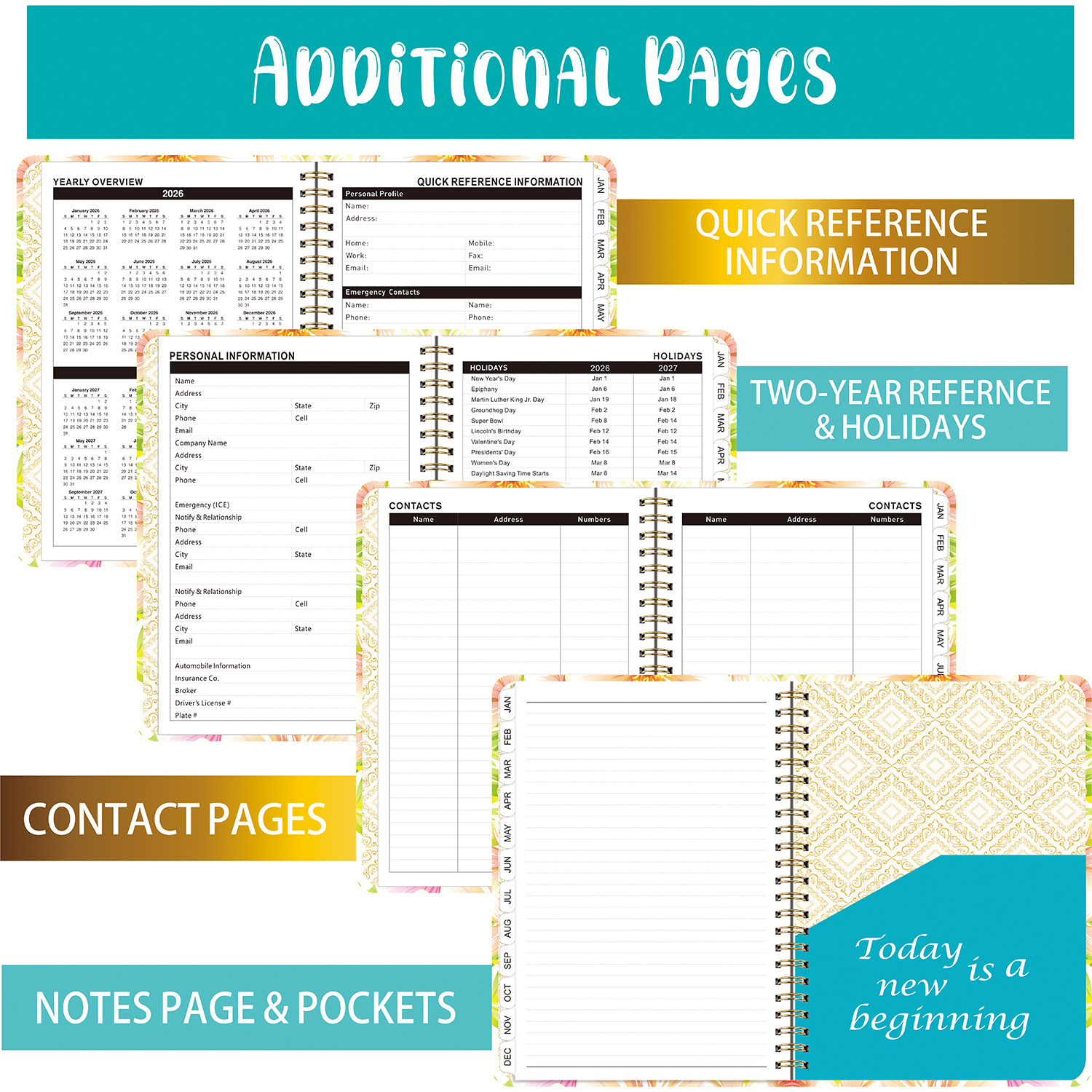 Agenda A5 transfronteriza de 26 años con páginas separadas para planificación de trabajo, registro de entrada, cuaderno de espiral en inglés.