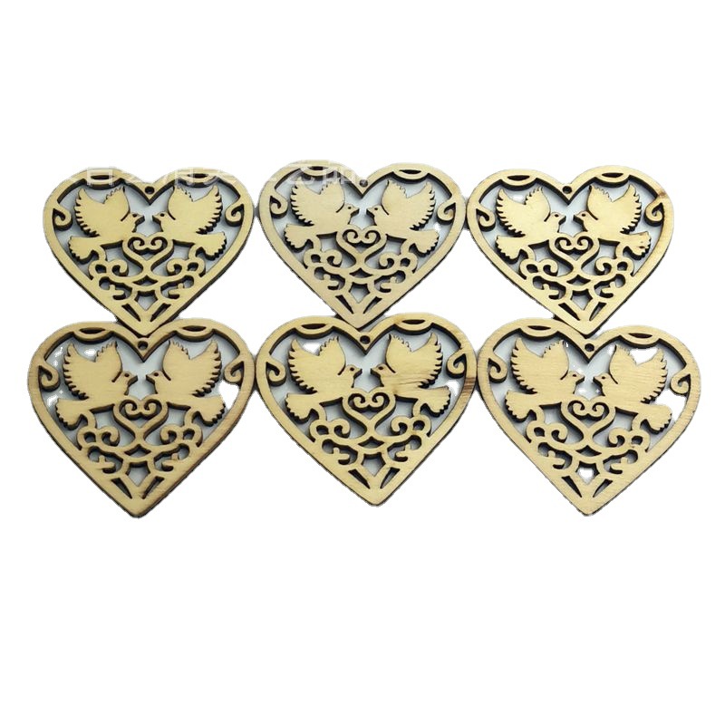 Tallado con láser de 6cm, corazon de melocotón, rodajas de madera, suministros navideños al por mayor 10 piezas en un paquete con cuerda de cáñamo