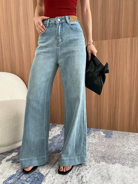 Sinan Early Autumn New Style Lycra Soft Elastic Washed High-Waisted Slim Loose Wide-Leg Jeans Sn7107