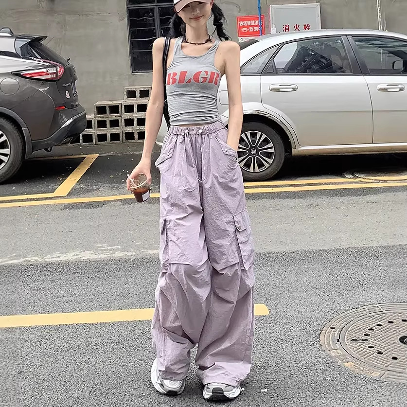 2026 Summer American Street Style Pleated Wide-Leg Pants Casual Loose Long Pants Thin Jogger Cargo Pants for Women