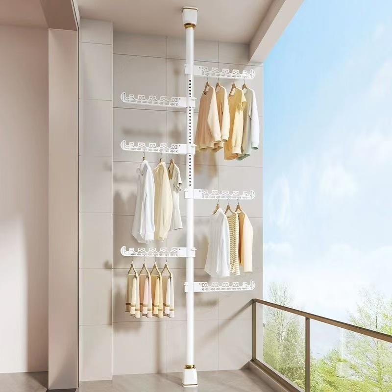 Floor-To-Ceiling Clothes Drying Rack Bay Window Clothes Drying Rod Household Retractable Punch-Free Clothes Hanger Balcony Floor-Standing Clothes Drying Rack
