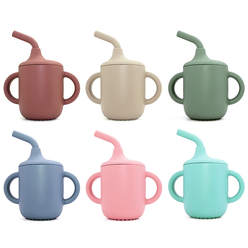 Taza de agua de silicona para niños, taza para aprender a beber, taza de agua con mango doble, taza de paja a prueba de caídas y fugas para bebés, taza de agua con dos orejas para beber directamente