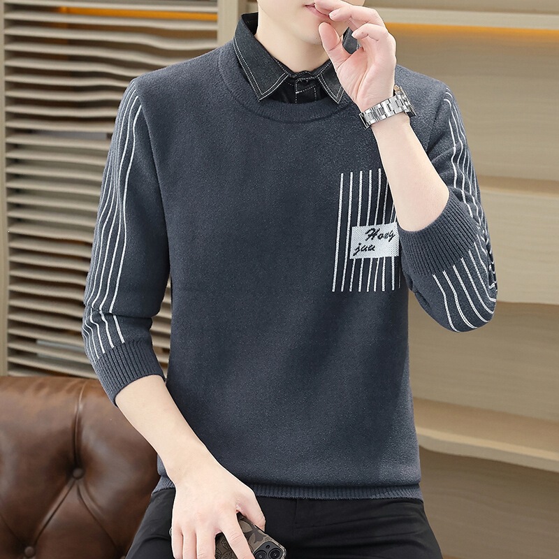 Men's faux two-piece sweater with shirt collar, knitted top, autumn and winter youth thickened shirt with collar, base layer Men's faux two-piece sweater with shirt collar, knitted top, autumn and winter youth thickened shirt with collar, base layer
