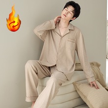 羊绒蚕丝睡衣男士秋冬季德绒自发热加厚保暖可外穿家居服男款套装