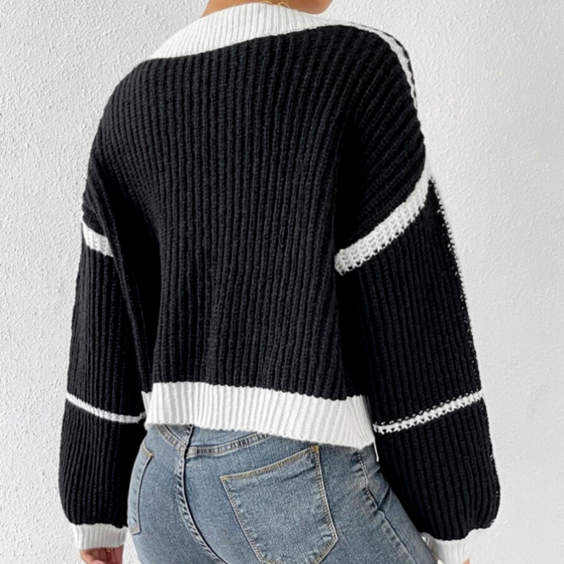 Spot suéteres personalizados transfronterizos europeos y americanos primavera y otoño suéter de punto corto cardigan chaqueta exterior suéter suelto en contraste mujeres image 5