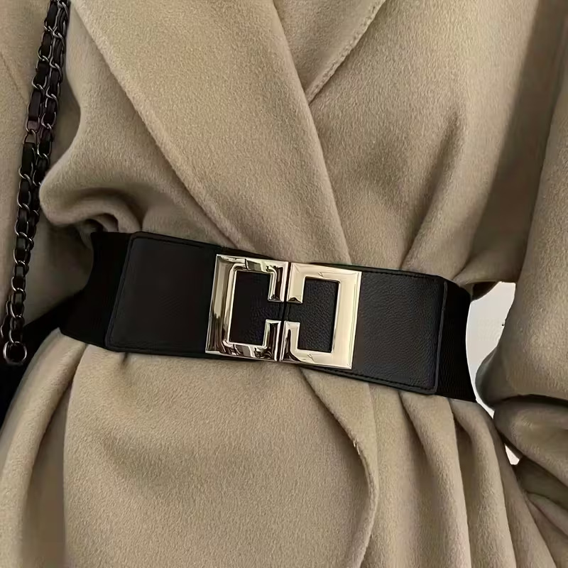 Black Wide For Women 2024 New Style High-end Elastic Waistband Decorative Dress Trench Coat Belt Accessory_voghion.com