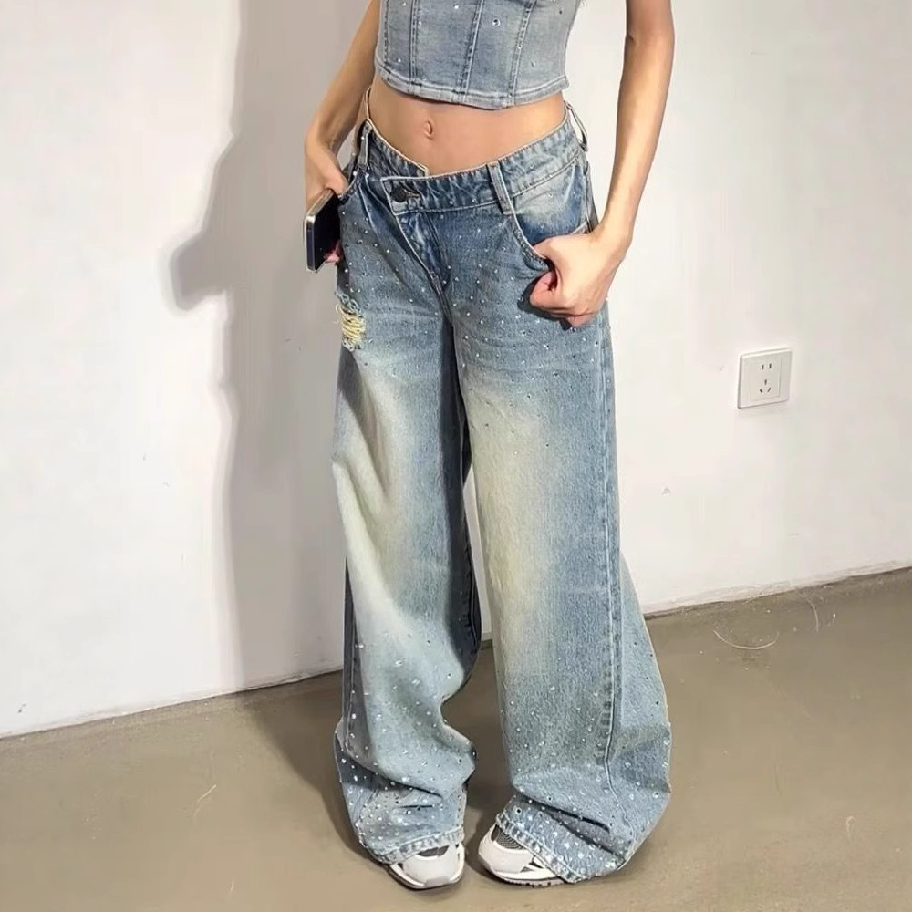 American Retro Washed Rhinestone Ripped Jeans For Women Hot Girl Design Deconstructed Dislocation Stitching Floor Length Trousers_mkmklike.com
