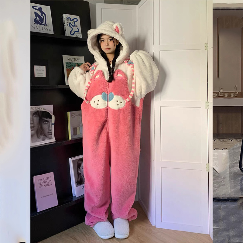 かわいい子猫コーラルベルベット長袖ワンピースパジャマ女性のための秋と冬 2025 新しい厚みのあるベルベット暖かいホーム服|undefined