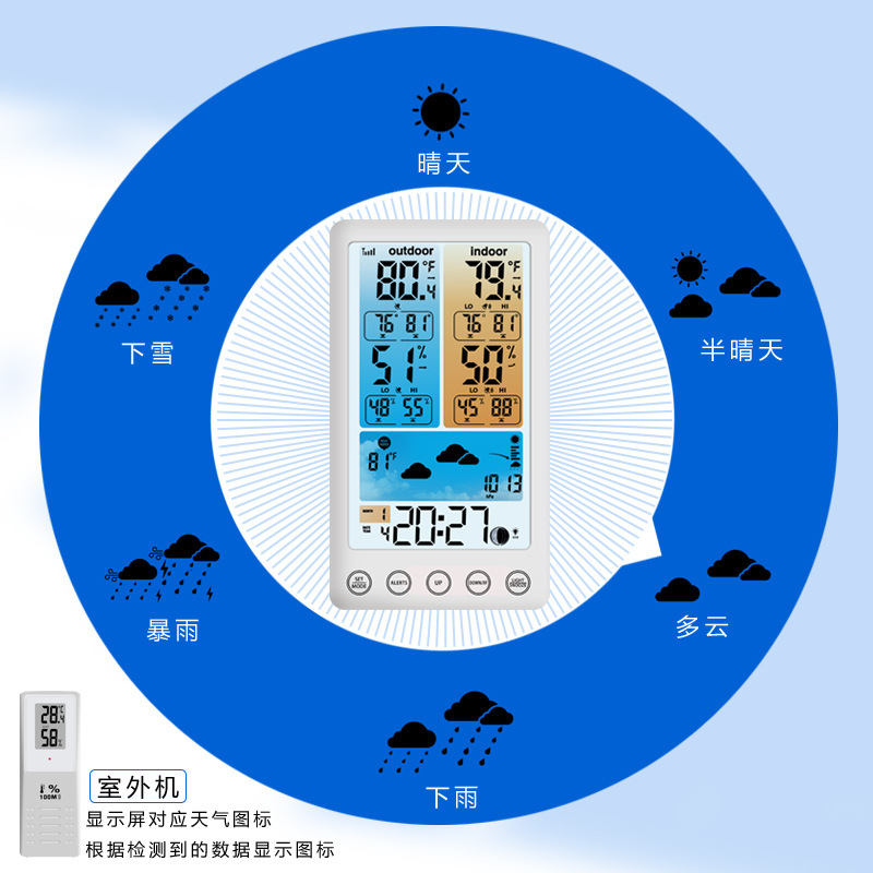 (2개) 컬러 스크린 일기 예보 시계 다기능 전자 알람 시계 현대 바람 RF 무선 날씨 시계 영구 달력 라디오 시계