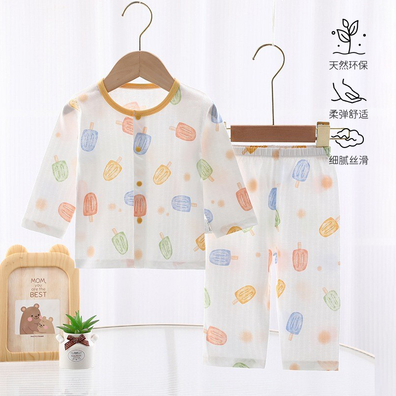Baby Home Clothes Summer Thin Pure Cotton Split Set Baby Intimates Long-Sleeved Air-Conditioned Clothes Two-Piece Set