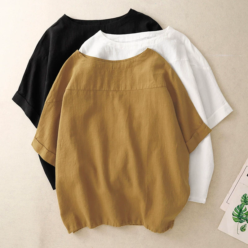 YS8 реальный снимок 2025 летний льняной топ женская ретро круглая горловина короткий рукав рубашка черная хлопковая и льняная футболка литературный стиль малый размер