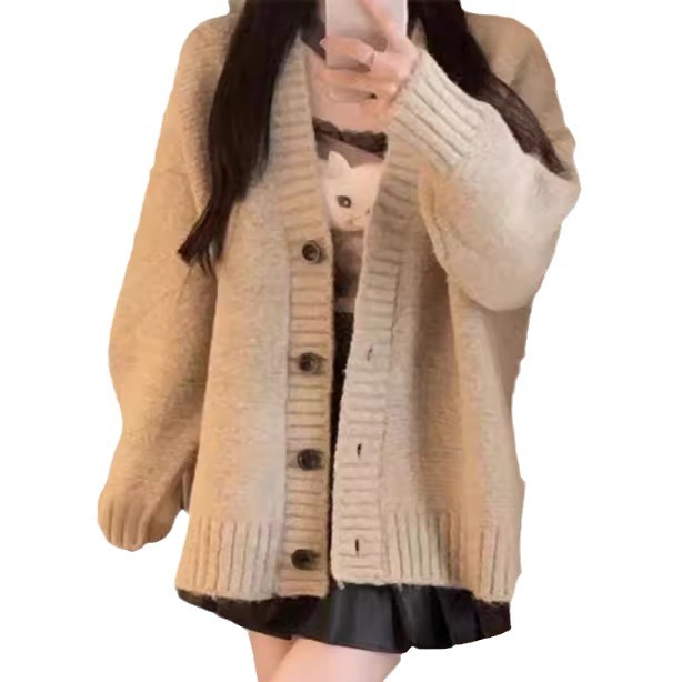 Coreano color sólido de cuello en V jersey de punto suéter mujeres otoño invierno nuevo estilo perezoso estilo suave pegajoso versión suelta abrigo grueso image 6