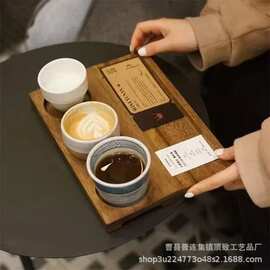 咖啡厅实木三格饮品托盘复古木质咖啡盘茶水鉴杯托盘茶水托盘