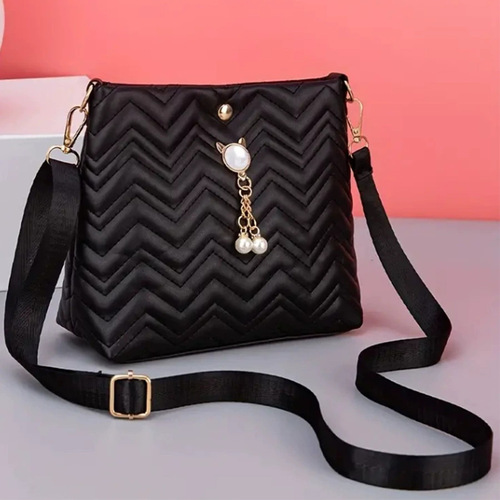 Korean Style Fashion Wave Striped Quilted Cat Pearl Decorated Women's Crossbody Bag Women's Bag