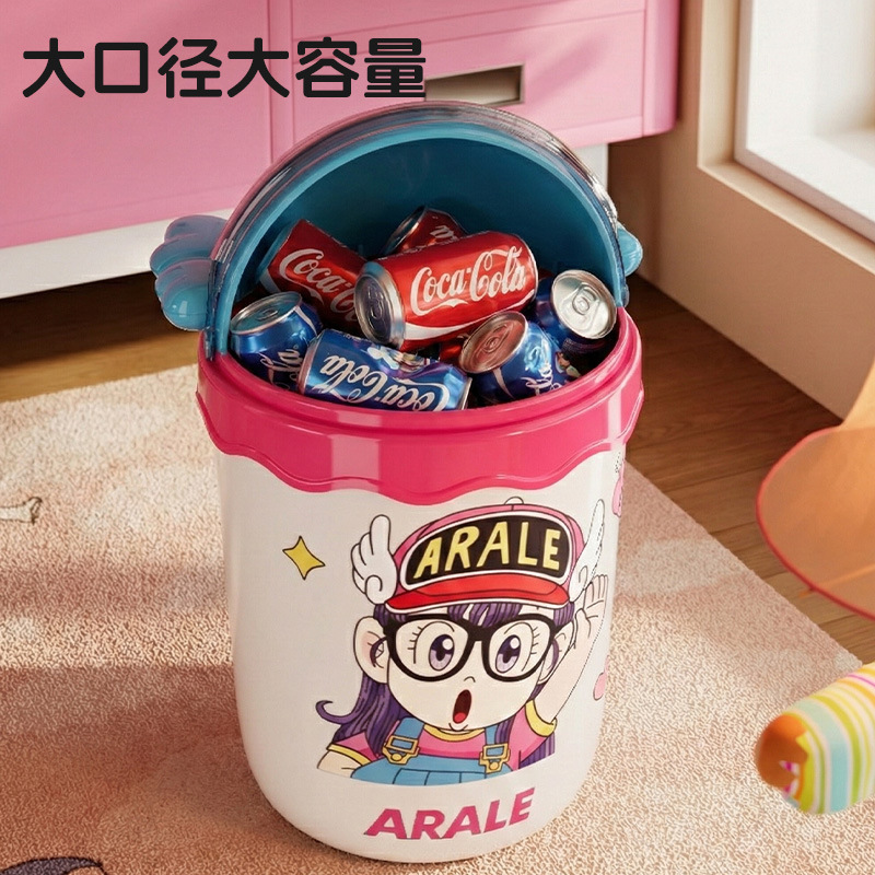 Cartoon trash can for home use, with lid, cute for children's bedroom, living room, large capacity kitchen cleaning bin