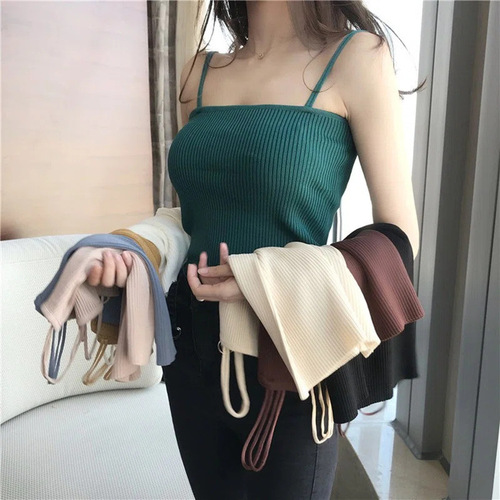 Solid color new Hong Kong style summer clothing new simple inner knitted vest female small sexy double strap elastic knitted sweater