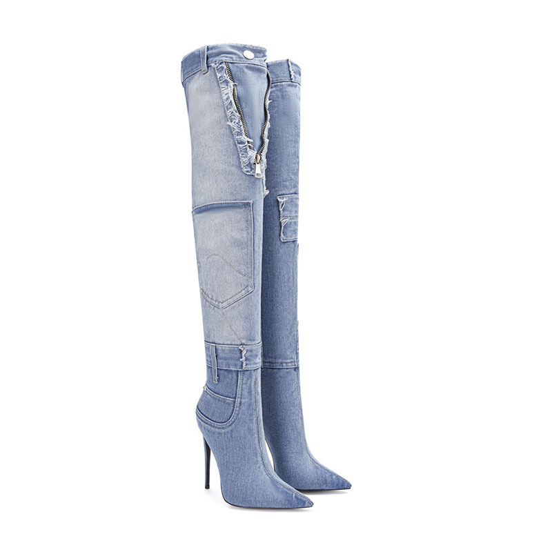 2025 New Women's Washed Blue High Cowboy Boots Pointed Toe Stiletto Heels Hot Girl Pocket Splicing Over-The-Knee Boots Trendy