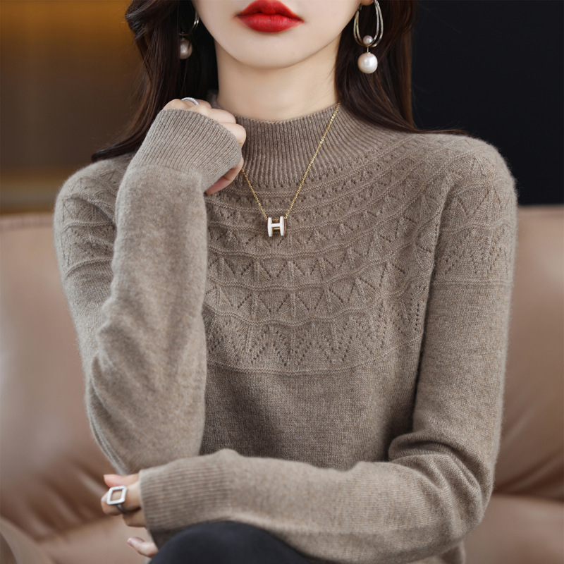 100% Wool Sweater for Women, Half-Turtleneck Slimming Sweater, Seamless Cashmere Knitted Base Shirt, Autumn and Winter Hollow Loose Top