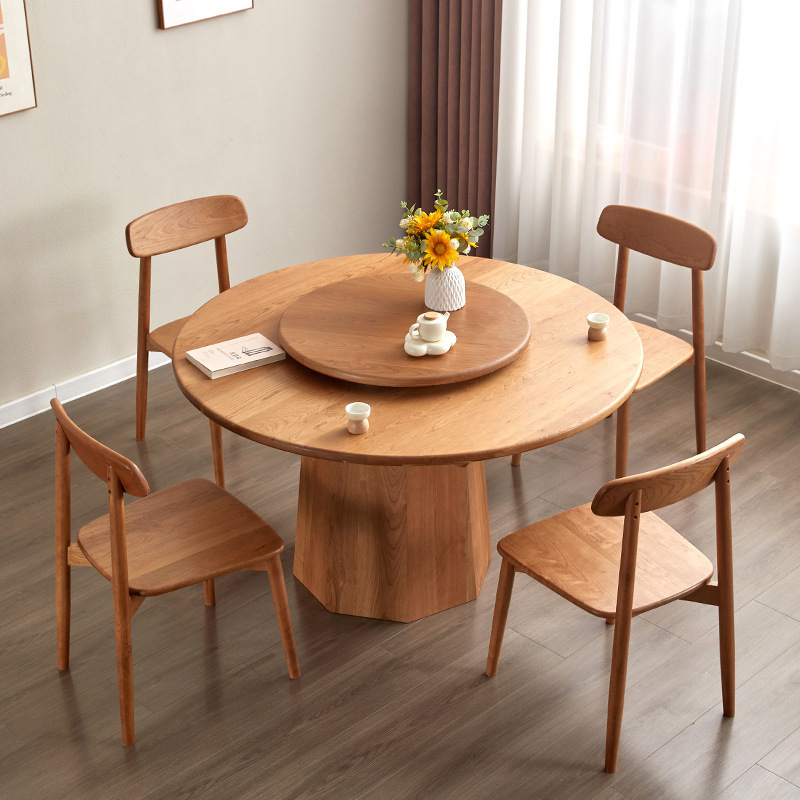 北美樱桃木原木圆形餐桌现代简约黑胡桃木实木多功能转盘圆形餐桌