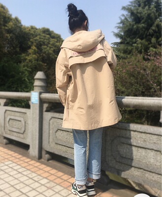 春秋款纯色清新甜美中长款无腰带宽松韩版大码中长款棉连帽风衣