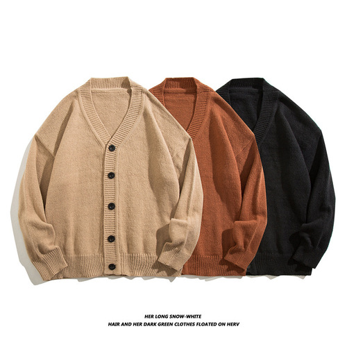 Lazily styled open sweater for men, handsome Korean version, plain color V-neck academic style knitwear, men's autumn outerwear