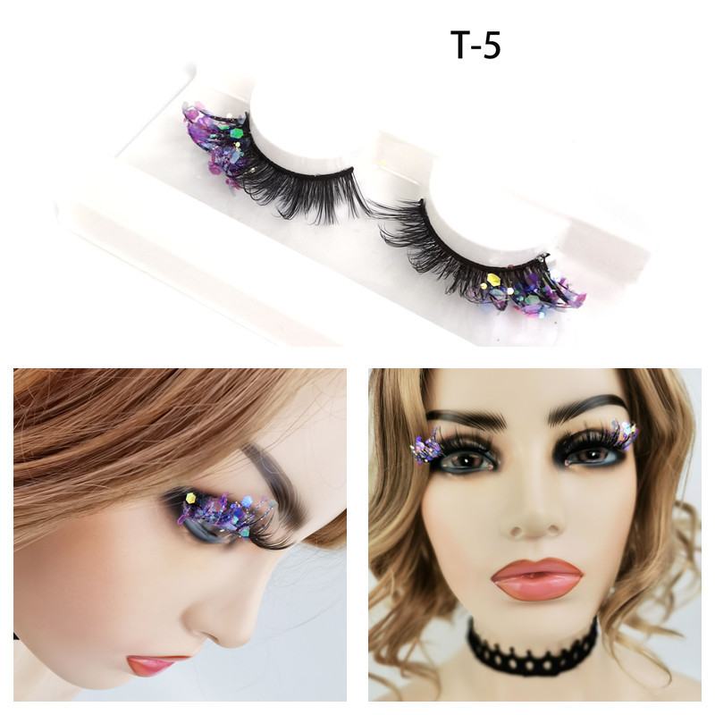 Color ojo de gato 3D pestañas postizas maquillaje de escenario natural cola de ojo brillo lentejuelas fluorescentes gruesas pestañas europeas y americanas exageradas