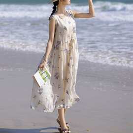 夏装女新款苎麻民族风收腰显瘦白色仙气袍子连衣裙女夏背心长裙子