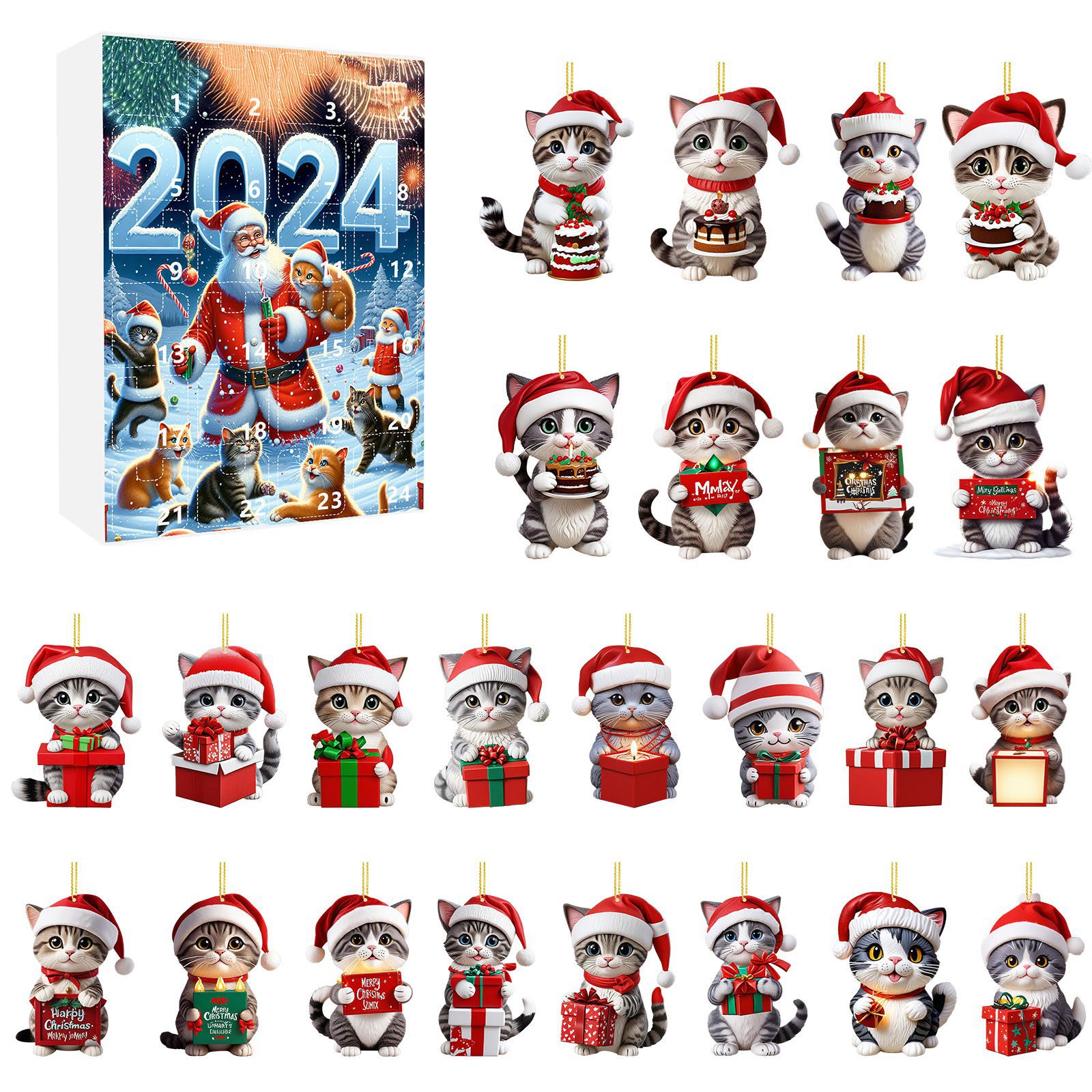 Calendario de Adviento de Navidad Calendario de cuenta regresiva de Navidad Caja sorpresa Caja sorpresa de Navidad Árbol de Navidad Decoración acrílica Colgante de gato