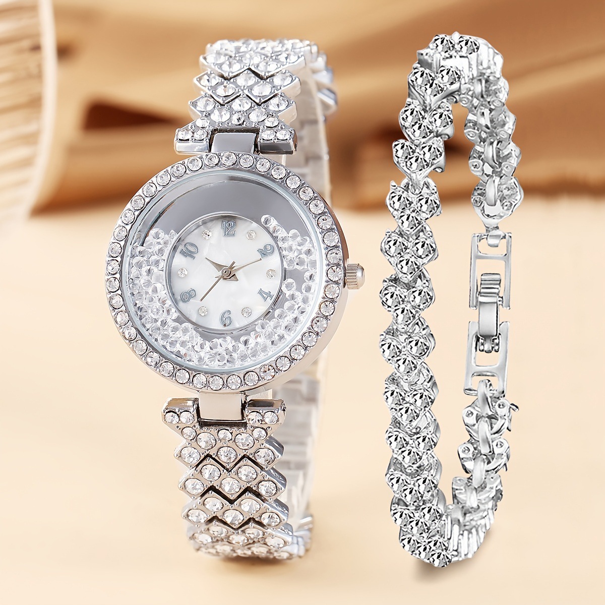 Fashion quicksand ball rhinestone Women's Watch Diamond Steel Belt bracelet digital dial light luxury watch_voghion.com