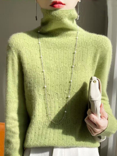 Women's V-neck Wool Knit Sweater, Seamless High Collar Cashmere Knit Top, Premium Style
