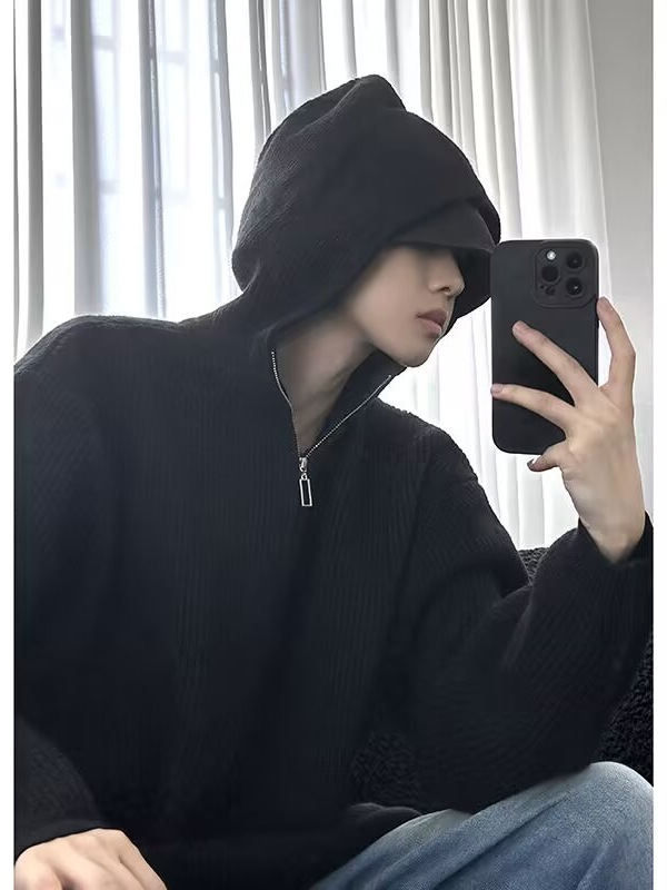 カーキ色cleanfitニットフード付きパーカー男性秋冬半ファスナー底シャツ怠惰風高級感セーター