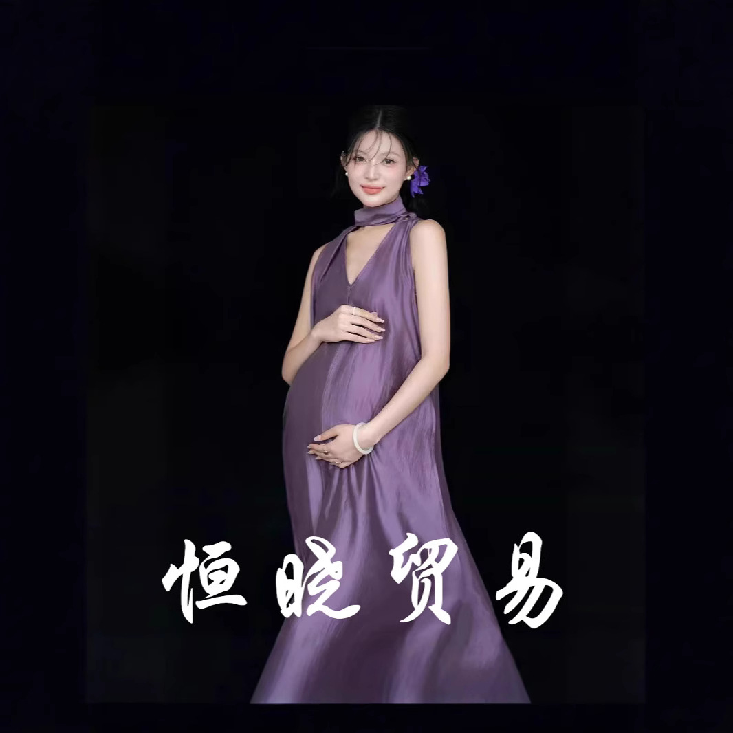 새로운 스튜디오 심플 스타일 스튜디오 임산부 사진 촬영 롱 스커트 순수한 욕망 스타일 보라색 드레스 임산부 큰 배 사진