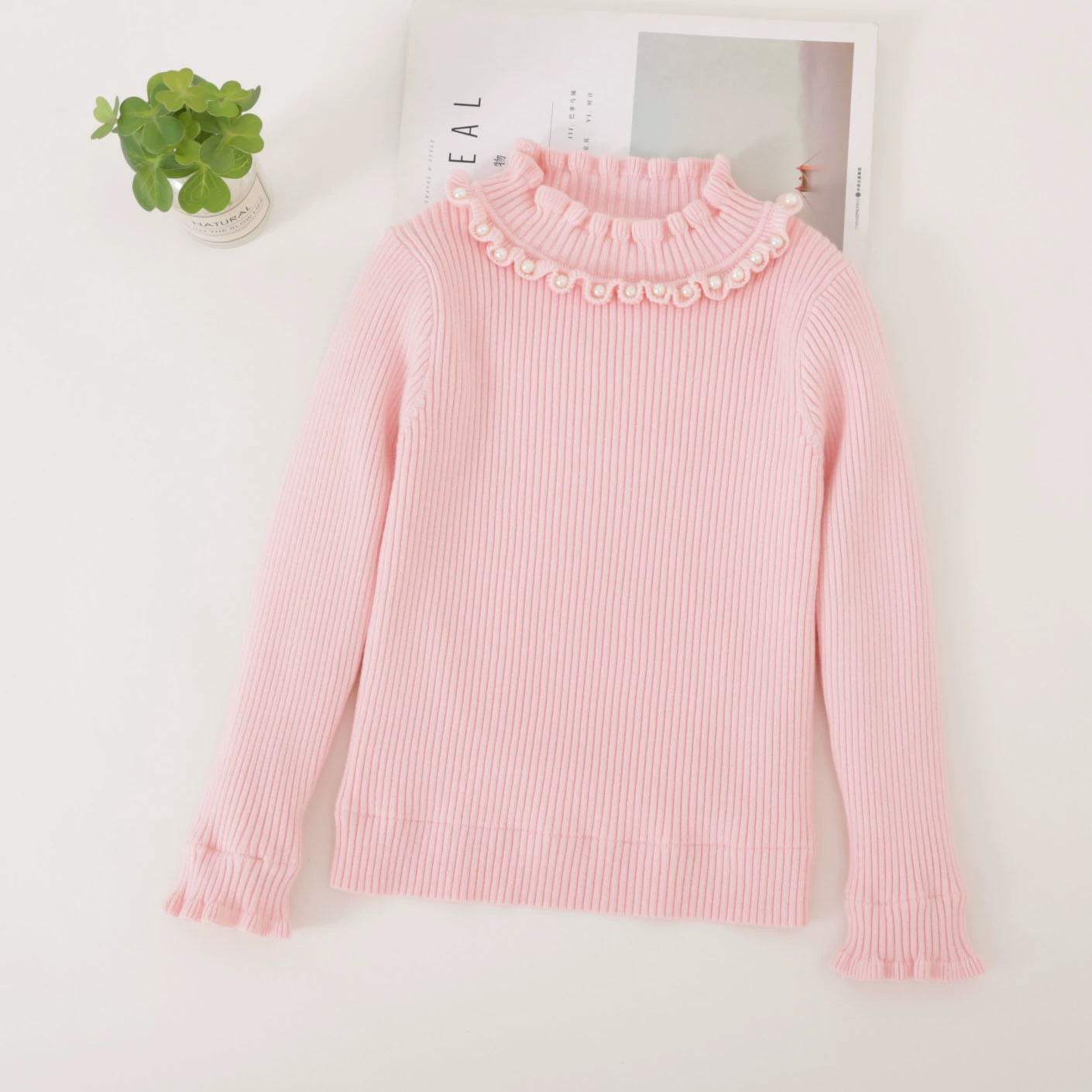 Sweater, fleece colored knitted down jacket from pearl, high collar, for teenagers