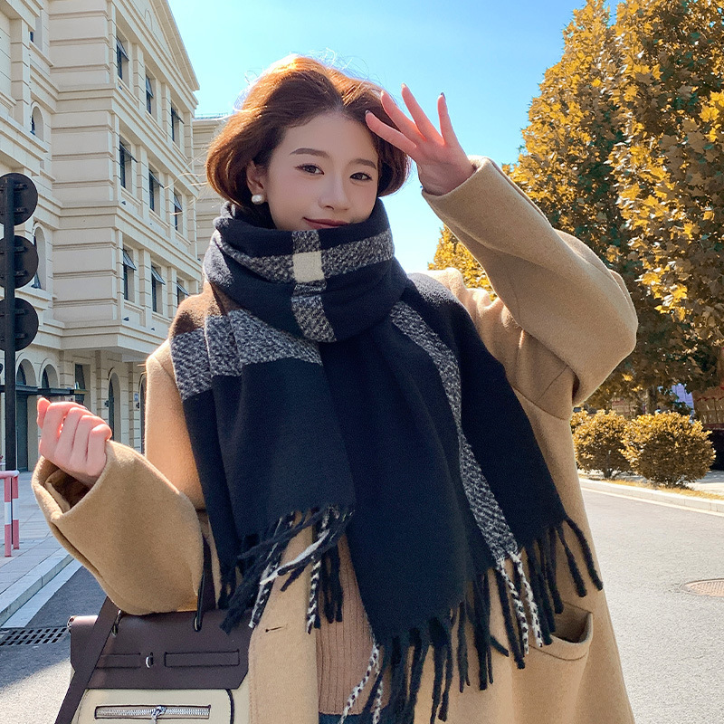 2025秋冬新款格子仿羊绒围巾女韩版百搭加厚保暖学生美拉德风围脖|undefined