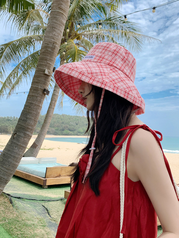 春と夏の新しいチェック柄旅行日焼け止め漁師帽子女性のための 2025 新しい小さな新鮮な顔が見える小さな日よけ帽子盆地帽子|undefined