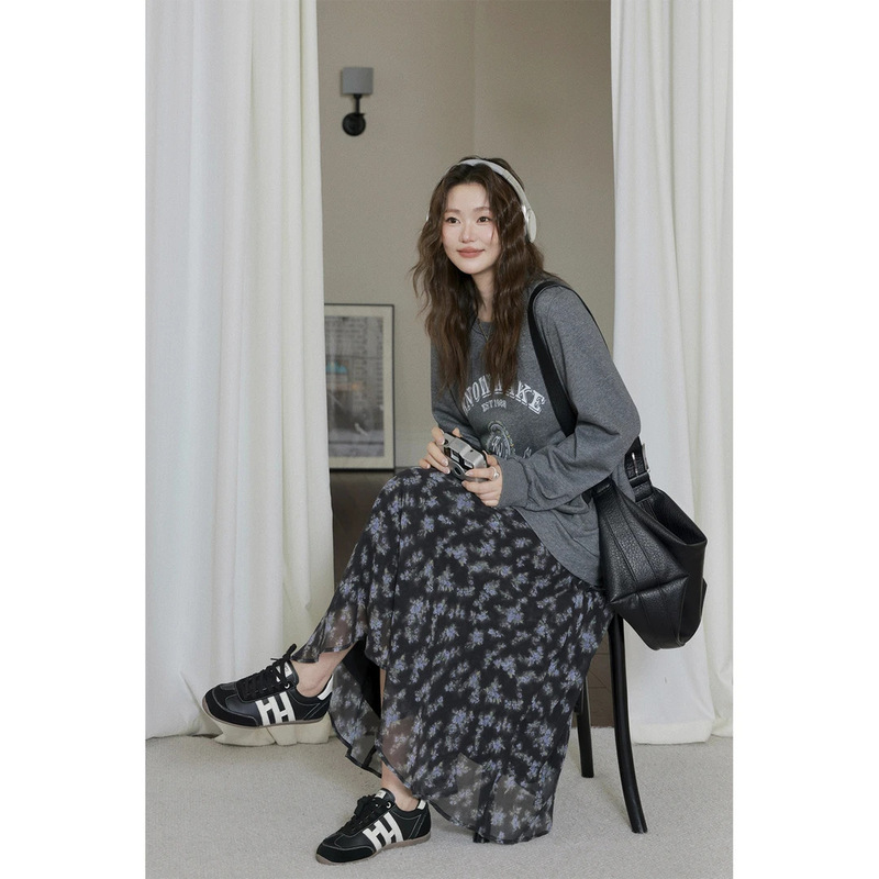 60317 # Da Wan Jiang Slightly Chubby [Silk Shadow Accompanying] Korean-Style Lazy Casual Spliced Fake Two-Piece Long Dress