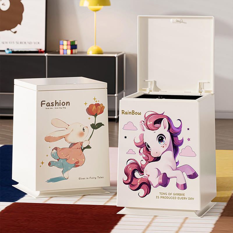 Manufacturer's Wholesale Large-Capacity Storage Bucket with Lid, Plastic Trash Can, Square Cartoon Trash Can, Minimum Order Quantity of One Piece