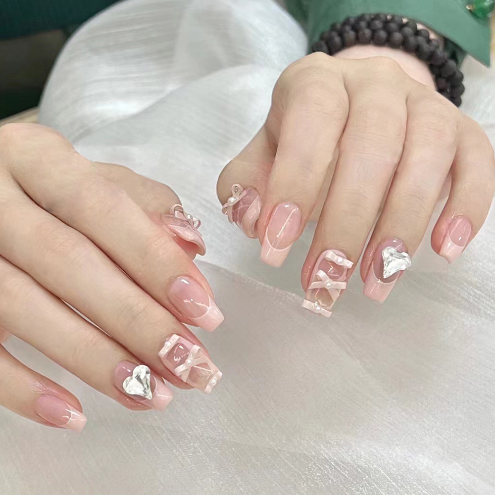 Estilo ins desgaste corto de uñas zapatos de ballet Rosa manicura francesa pieza de uñas amor vidrio parche de uñas de diamante grande