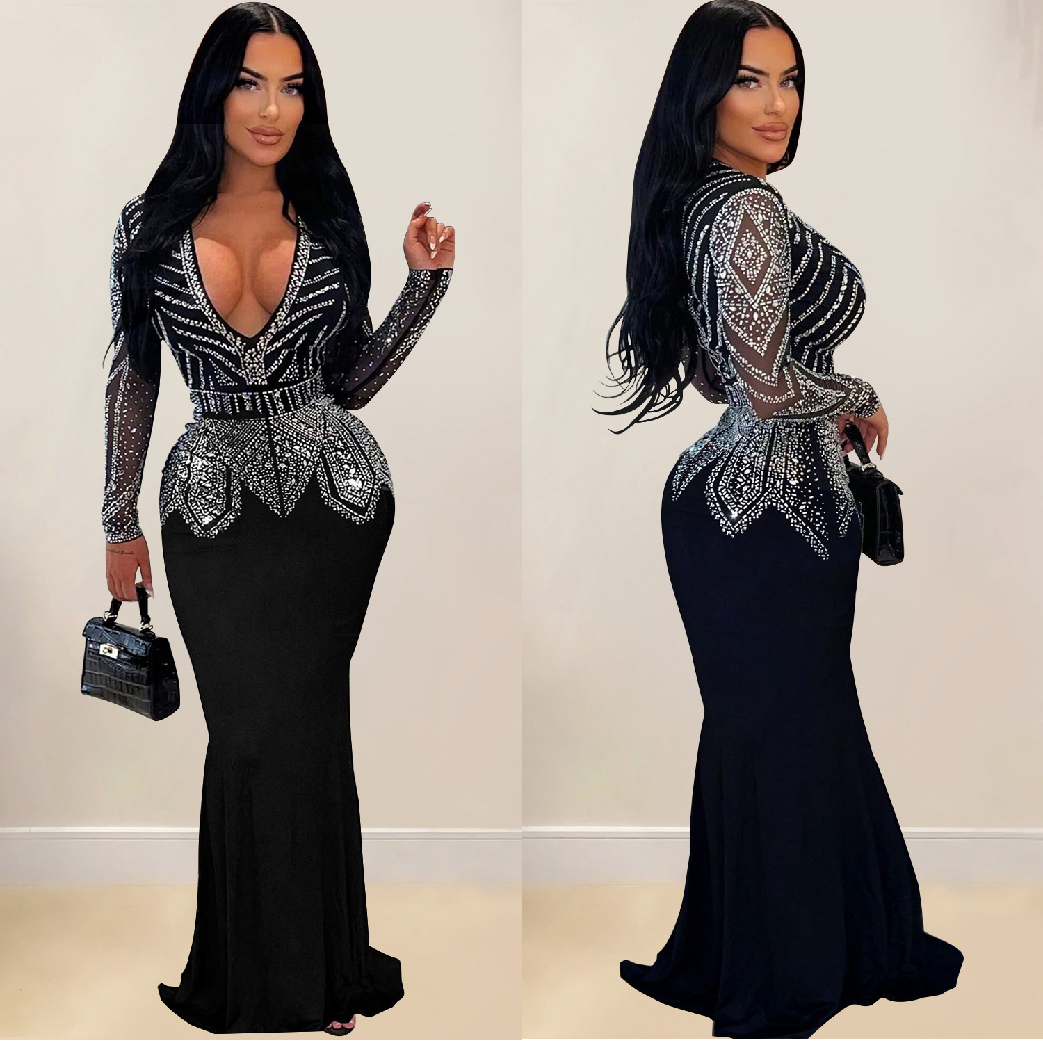 C7003 Aliexpress transfronterizo Amazon estación independiente de moda europea y americana nueva falda de diamante caliente vestido largo de cuello en V image 4
