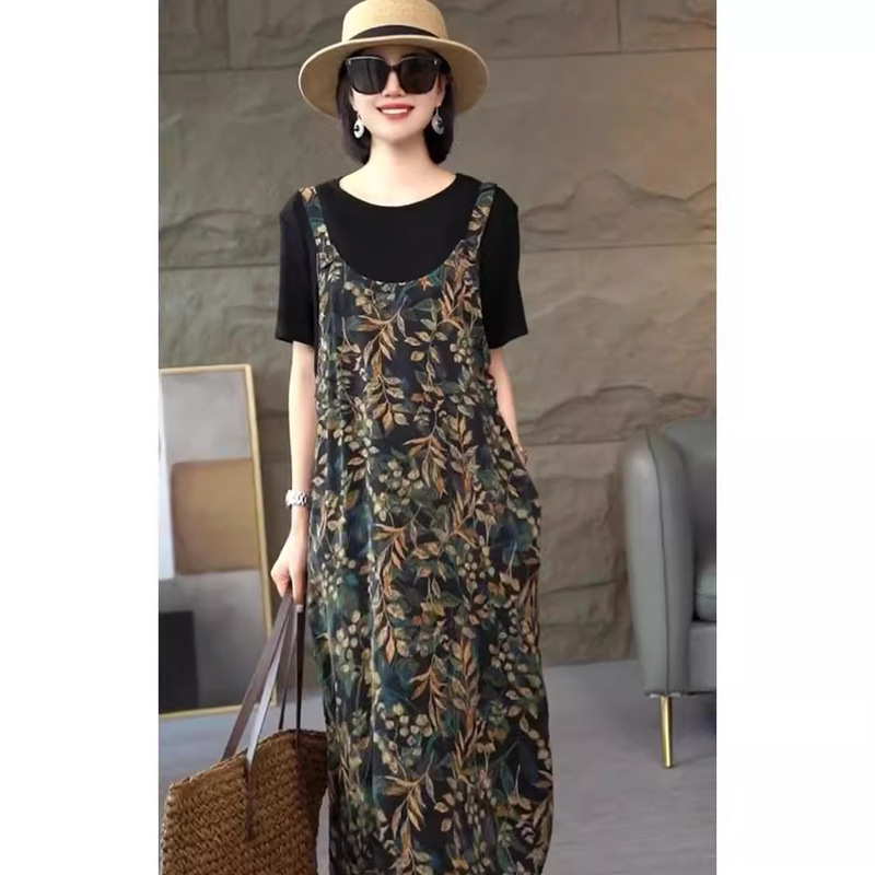 Spliced ​​Short-Sleeved Dress 2025 Summer New Fake Two-Piece Cover-Up Slimming Look Versatile Mid-Length Skirt with Straps Printed