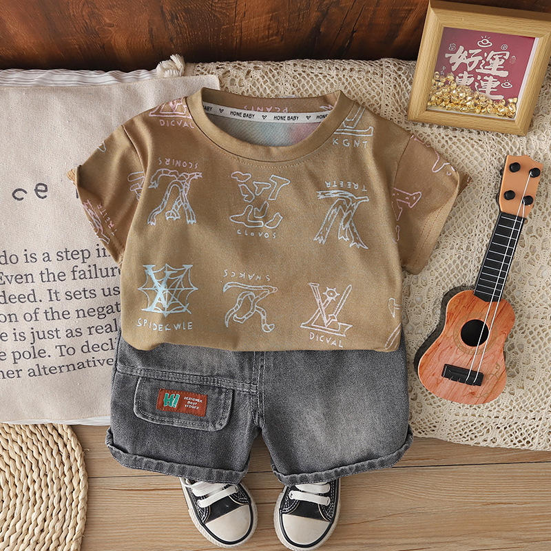 2026 New Trendy Summer Outfit Round-Neck Children's Boys' Two-Piece Set Short-Sleeve Two-Piece Set Wholesale