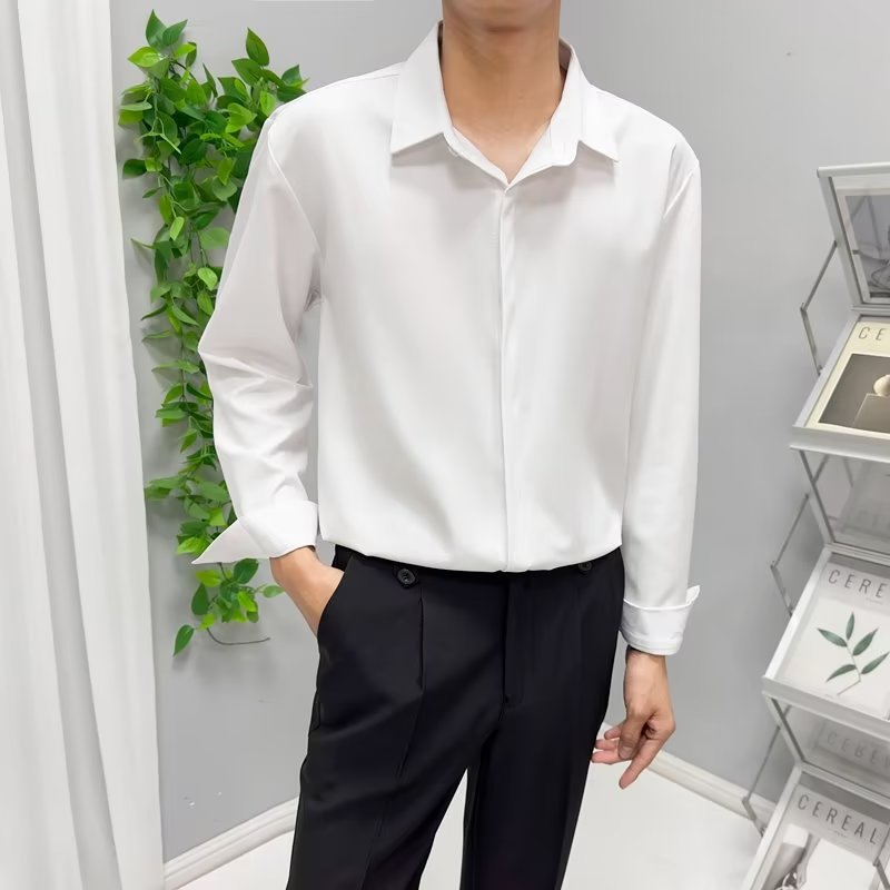 衬衫男长袖韩版潮流帅气冰丝垂感休闲宽松秋季黑白色衬衣免烫外套