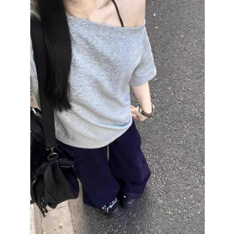 [210 г 40 хлопчатобумажных 1*1] Дизайн серая косые плечи с короткими рукавами футболка женская летняя рубашка с полурукавом