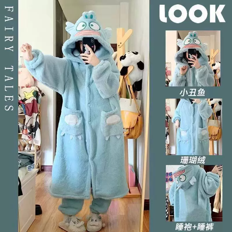 小怪兽睡袍冬季长毛舒棉绒苏利文大眼仔家居服加厚可外穿鲨鱼睡袍