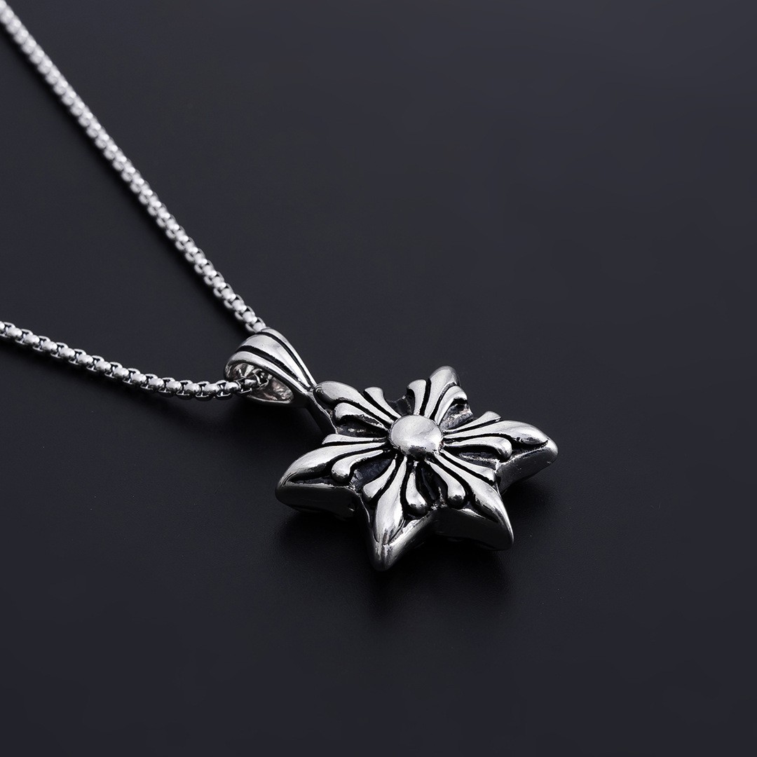 Popular Jewelry Classic Personalized Old Carved Snowflake Six Manged Star Titanium Steel Pendant Necklace_voghion.com