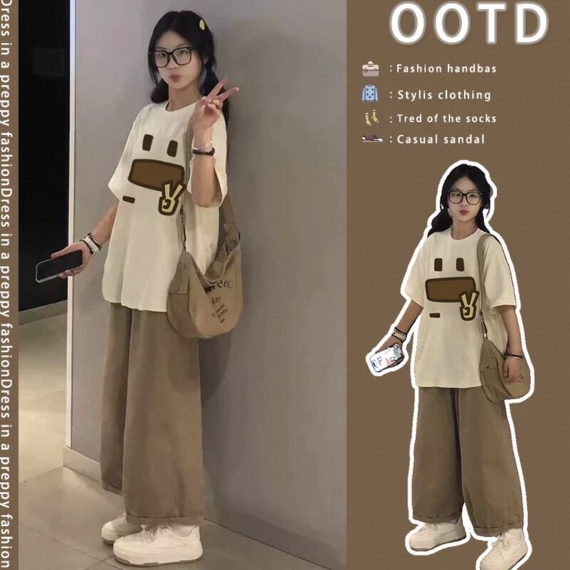 单/套装夏季女学生慵懒风宽松短袖t恤休闲阔腿裤子甜美穿搭两件套|undefined