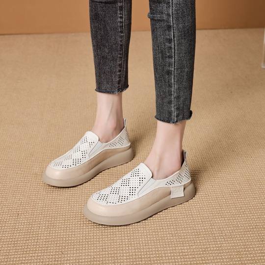 Women's leather hollow-out breathable loafers 2024 Summer new flat casual single-layer shoes slip-on loafers