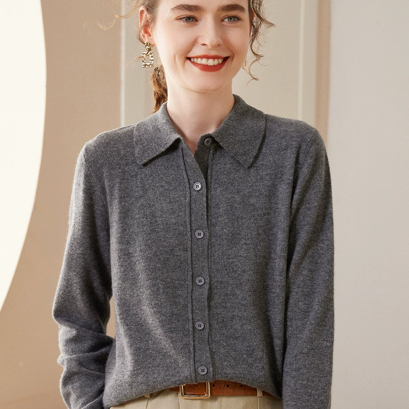 Новая осенне-зимняя модель: женская модная свободная вязаная кофта-кардиган с воротником-поло из кашемира, с длинными рукавами, свитер-жакет.